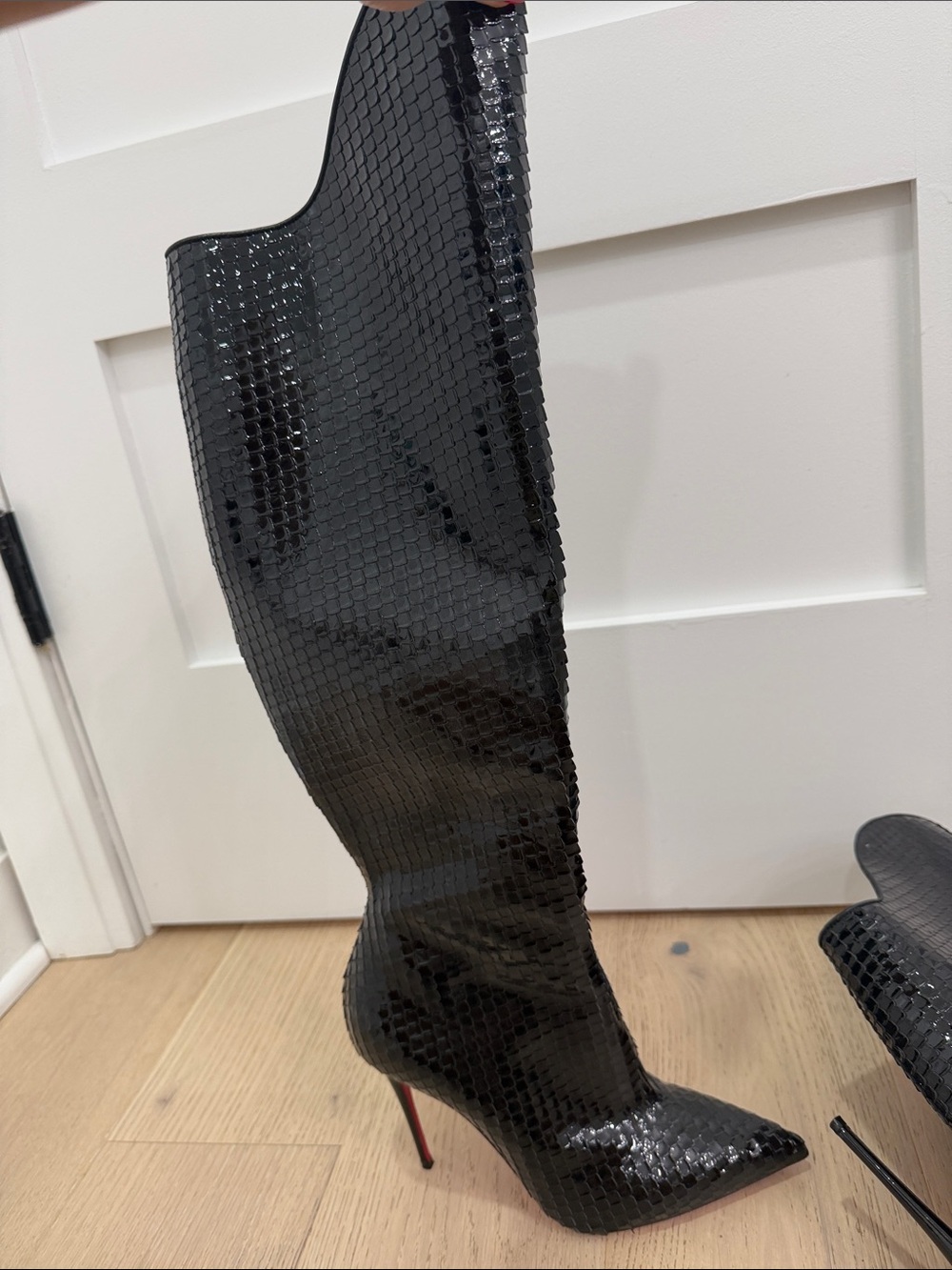 Christian Louboutin Black Patent Snakeskin Over-the-Knee Stiletto Boots